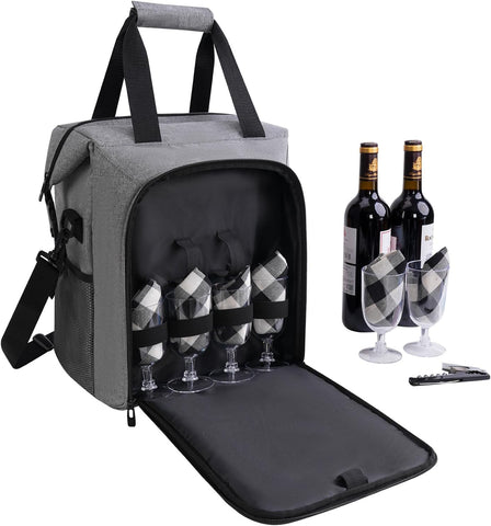 ALLCAMP Wine tote Bag with Cooler Compartment, Picnic Set Carrying Two sets of tableware