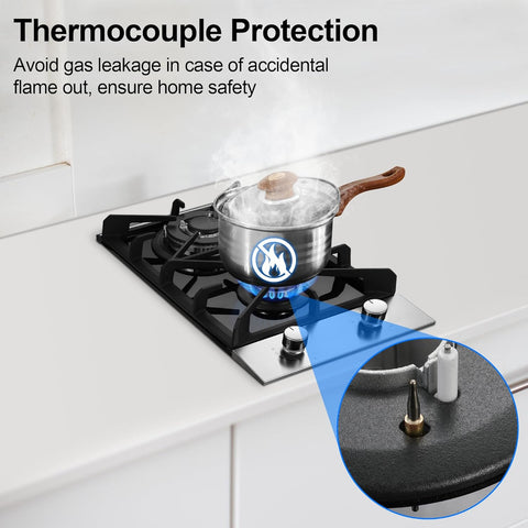 2 Burner Propane Gas Cooktop, 12 inch LPG/NG Dual Fuel Built-in Gas Stove Top, Black Tempered Glass Gas Stove, Gas Hob for Apartment, Outdoor, RV, With Thermocouple Protection