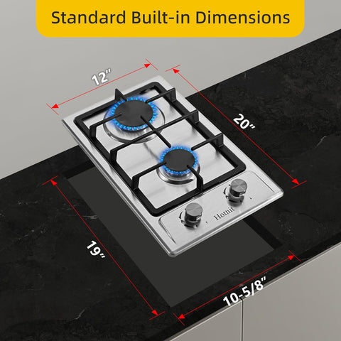 2 Burner Propane Gas Cooktop, 12" Inch LPG/NG Dual Fuel Built-in Gas Stove Top, Stainless Steel Electronic Ignition Gas Hob for Apartment, Outdoor, RVs(L12"×W20")…