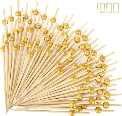 200PCS Cocktail Picks, Fancy Toothpicks for Appetizers, Decorative Bamboo Skewers for Appetizers Drinks Fruit, 4.7 Inch Long Wooden Gold Pearl Food Sticks Charcuterie Boards Accessories Party Supplies