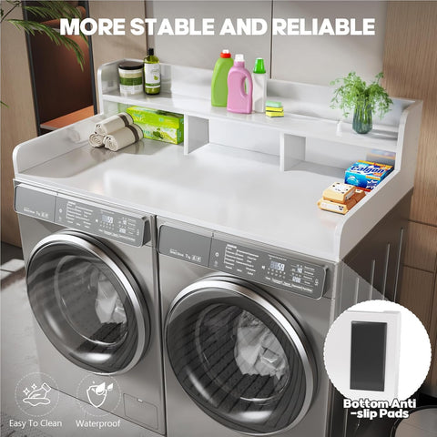 54" W x 27.5" D Washer Dryer Countertop, Laundry Wood Shelf Topper with Edge, 2-Tier Organizer for Washer and Dryer Laundry Hamper Counter Storage Organization, Large Space Laundry Topper, White