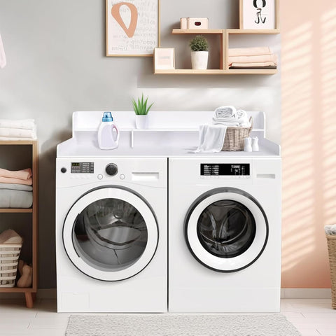 54" W x 27.5" D Washer Dryer Countertop, Laundry Wood Shelf Topper with Edge, 2-Tier Organizer for Washer and Dryer Laundry Hamper Counter Storage Organization, Large Space Laundry Topper, White