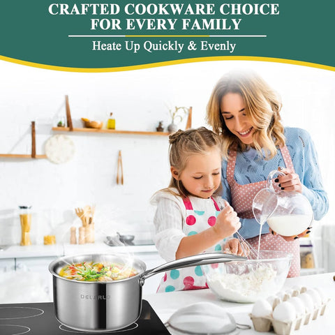 DELARLO Stainless Steel Small Brushed Saucepan With Lid, Induction Cooking Sauce Pot Pans, 18/8 Tri-Ply Heavy Bottom Saucier Cookware, Dishwasher Safe & Oven Safe(2 Quart)