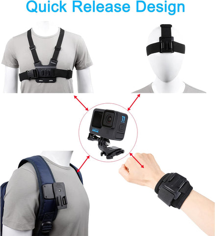 Accessories Set for GoPro Hero 13/12/11/10/9/8/7/6/5/4,New Quick Release Head Strap Mount + Chest Mount Harness + Backpack Clip Holder + 360°Rotating Wrist Strap