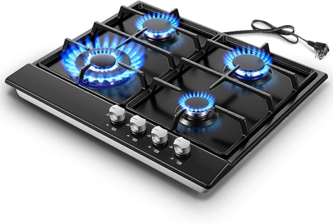 2 Burner Propane Gas Cooktop, 12 inch LPG/NG Dual Fuel Built-in Gas Stove Top, Black Tempered Glass Gas Stove, Gas Hob for Apartment, Outdoor, RV, With Thermocouple Protection
