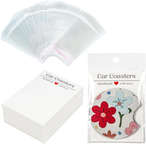 100PCS Car Coaster Packaging for Selling, Sublimation Blanks Car Coasters Cards with Bags, Sublimation Car Coasters Display Cards 6.8x2.85In, Heat Press Machines Accessories