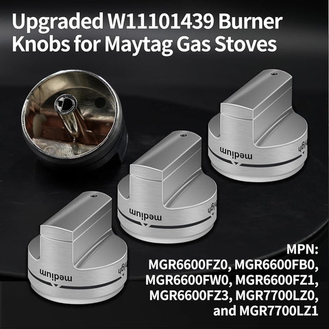 1PCS W11101439 Gas Range Knobs, Upgraded Ultra Heat Resistant ABS Plastic Burner Control Knobs, Compatible with Maytag MGR6600FZ0, MGR6600FB0, MGR6600FW0, MGR7700LZ1 and More