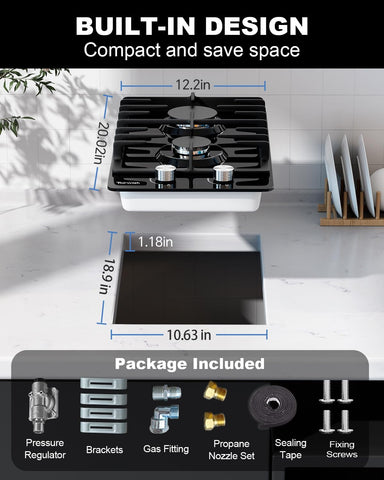 2 Burner Propane Gas Cooktop Black Tempered Glass, 12 Inch Built-in NG/LPG Convertible Gas Stove Top, 18,000BTU Gas Hob with Flame-out Protection for Kitchen, Apartment，RV,110V