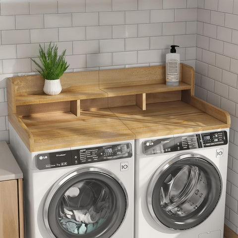 54" W x 27.5" D Washer Dryer Countertop, Laundry Wood Shelf Topper with Edge, 2-Tier Organizer for Washer and Dryer Laundry Hamper Counter Storage Organization, Large Space Laundry Topper, White