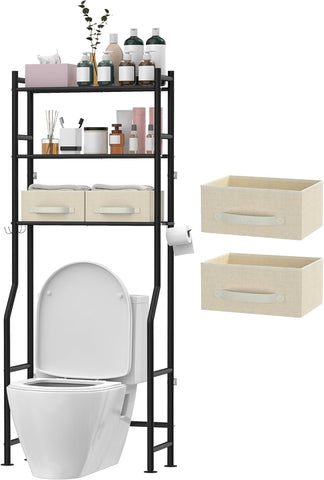 3-Tier Over The Toilet Storage, Space Saver Metal Bathroom Shelves, Freestanding Above Over Toilet Storage Shelf with 4 Hooks for Bathroom, Black