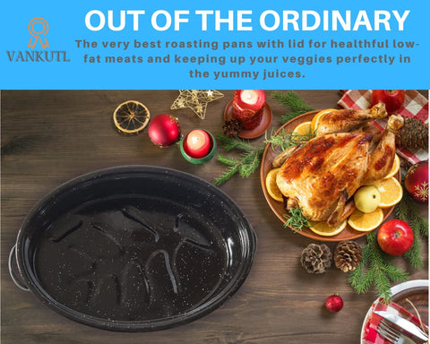 16 Inch Roasting Pan with Lid - Covered Oval Roaster - Enamel Carbon Steel Roaster Pot - Excellent Heat Distribution and Non-sticky - for Turkey Chicken Meat & Vegetables -Birthday and Holiday gifts