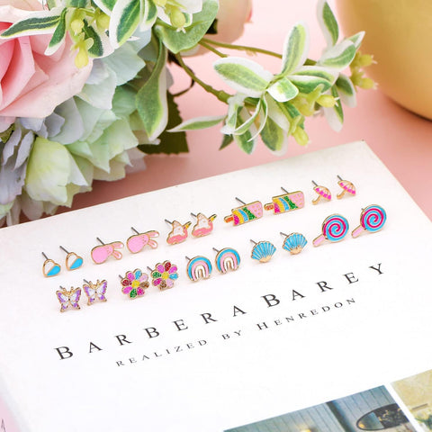 24 Pairs Hypoallergenic Stud Earrings Set for Girls Sensitive Ears With Stainless Steel Post Colorful Cute Earrings for Girls Women