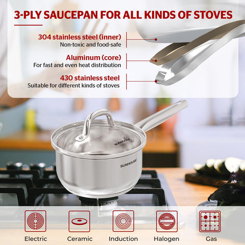 SUNHOUSE 1.5 Quart Sauce Pan, Stainless Steel Sauce Pan With Lid, Advanced Impact Bonding Technology, Stay-Cool Handle, Dishwasher Safe, Compatible with All Cooktops, PFOA Free