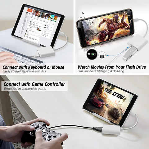 Adaptador USB para cámara, adaptador USB hembra OTG compatible con iPhone/iPad, adaptador USB portátil para iPhone con puerto de carga, sin aplicación, Plug and Play (blanco)