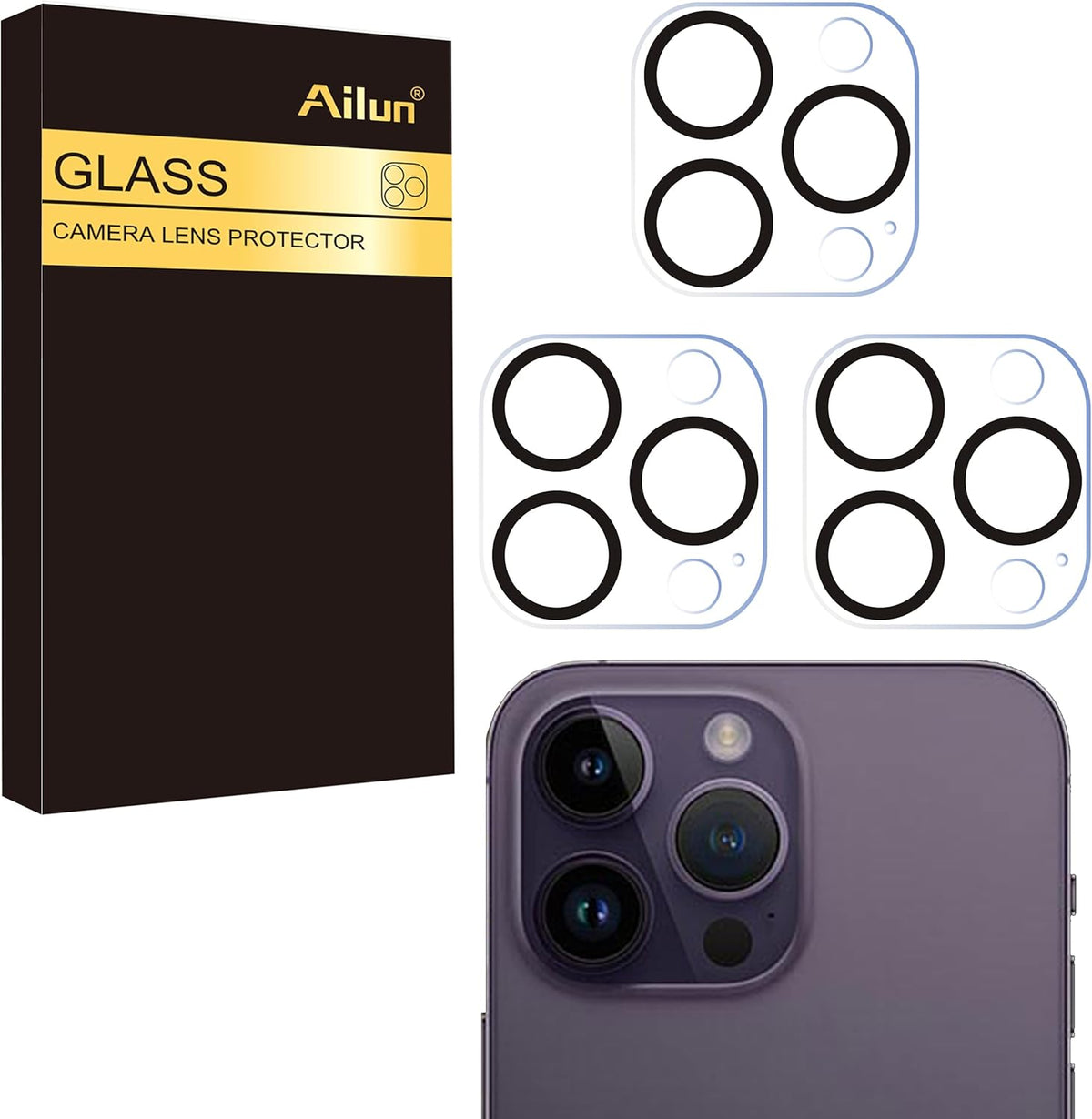 Ailun 3 Pack Camera Lens Protector for iPhone 16 Pro 6.3" / 14 Pro 6.1" & iPhone 16 Pro Max 6.9" / 14 Pro Max 6.7",Tempered Glass,9H Hardness,Anti-Scratch,Case Friendly[Does not Affect Night Shots]