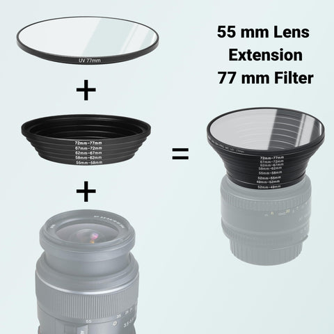 18-Piece Filter Ring Adapter Set - 9X Step-Up Rings and 9X Step-Down Rings for Lens Filters, Lens Hoods, and Lens Converters - Includes 4X Microfiber Cleaning Cloths (7x6 Inches)