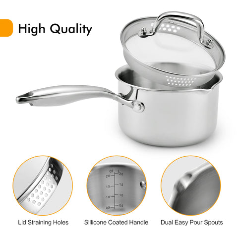 Stainless Steel Saucepan with Glass Lid, 2.0 Quart Multipurpose Sauce Pan, Sauce Pot with for Easy Pour with Ergonomic Handle
