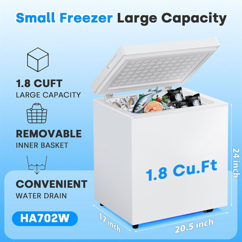 1.8 Cu. Ft Compact Chest Freezer, Free Standing Top Open Door Deep Freezer Holds Up to 50L with Adjustable 7 Thermostat and Removable Basket, Energy Saving for Home/Apartment/Garage, White