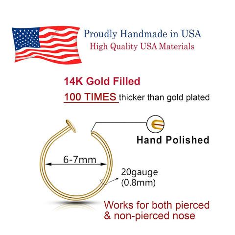 14k Gold Filled 20G Small Thin Nose Ring Hoop for Women, 6mm - 7mm Adjustable Nostril Piercing Jewelry