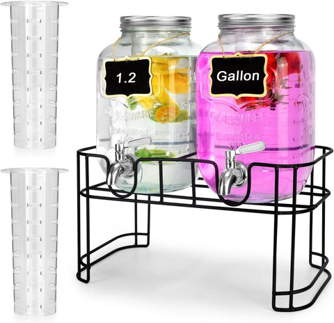1 Gallon Glass Drink Dispensers For Parties 2PACK.Beverage Dispenser,Glass Drink Dispenser With Stand And Stainless Steel Spigot 100% Leakproof.Lemonade Dispenser With Ice Cylinder.Laundry Detergent