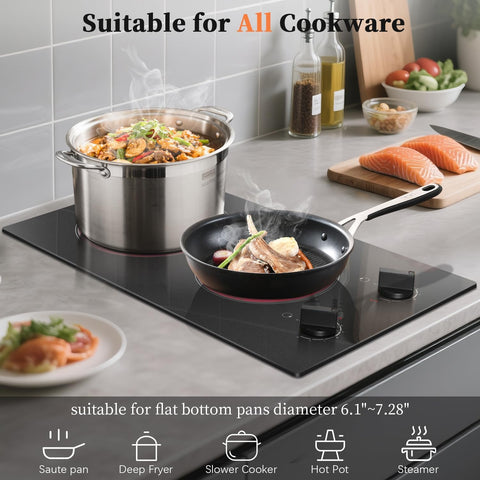 2 Burner Electric Cooktop - 110v Countertop and Built-in Electric Stove 2000W, 12 Inch Ceramic Stove with Residual Heat Indicator, Over-Temperature Protection, Knob Control, 110-120V Plug in