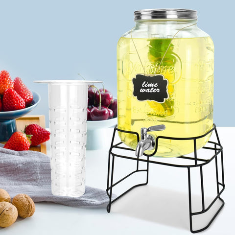 1 Gallon Glass Drink Dispensers For Parties 2PACK.Beverage Dispenser,Glass Drink Dispenser With Stand And Stainless Steel Spigot 100% Leakproof.Lemonade Dispenser With Ice Cylinder.Laundry Detergent