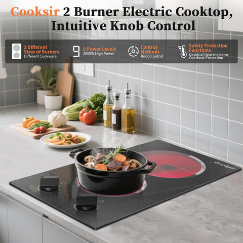 2 Burner Electric Cooktop - 110v Countertop and Built-in Electric Stove 2000W, 12 Inch Ceramic Stove with Residual Heat Indicator, Over-Temperature Protection, Knob Control, 110-120V Plug in