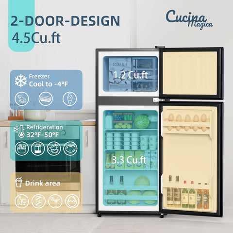 4.5 Cu Ft Mini Fridge for Bedroom, 2 Door Small Fridge, 7 Level Thermostat, LED Light, Small Refrigerator for Bedroom, Office, Dorm