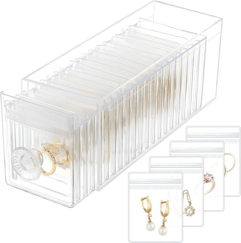 Acrylic Jewelry Box Organizer, Clear Jewelry Organizer and Storage with 20 Portable Anti Tarnish Jewelry bags, Travel Jewelry Case for Earrings/Rings/Necklaces Gifts for Women Girls, Clear