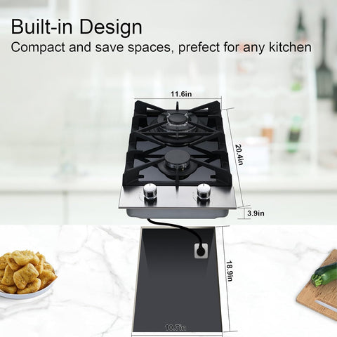 2 Burner Propane Gas Cooktop, 12 inch LPG/NG Dual Fuel Built-in Gas Stove Top, Black Tempered Glass Gas Stove, Gas Hob for Apartment, Outdoor, RV, With Thermocouple Protection