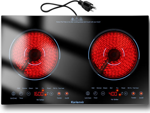 2 Burner Electric Cooktop 110v, 24 Inch Electric Stove Countertop & Built-in, Plug-in Electrics Cooktop, 8 Power Levels & 8 Functions, Touch Control, Safety Lock, Timer, 2000W, Karienvir
