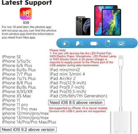 Adaptador USB para cámara, adaptador USB hembra OTG compatible con iPhone/iPad, adaptador USB portátil para iPhone con puerto de carga, sin aplicación, Plug and Play (blanco)