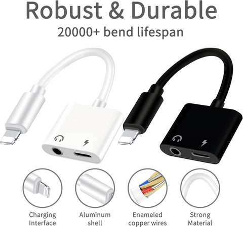 (2 Pack - White & Black) Lightning to 3.5mm Headphones Jack Adapter for iPhone,Apple MFi Certified Dongle 2 in 1 Aux Audio and Charger Splitter Adapter Compatible with iPhone 14/13/12/11/XS/XR/SE/8/7