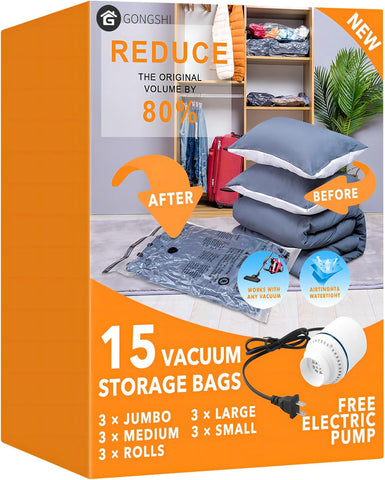 12 Pack Vacuum Storage Bags (3 Jumbo, 3 Large, 3 Medium, 3 Small),Plastic Packaging Bags,Space Saver Sealer Compression Bags with Travel Hand Pump for Blankets, Comforters, Pillows, Clothes Storage