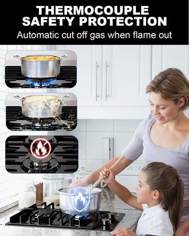 2 Burner Propane Gas Cooktop Black Tempered Glass, 12 Inch Built-in NG/LPG Convertible Gas Stove Top, 18,000BTU Gas Hob with Flame-out Protection for Kitchen, Apartment，RV,110V