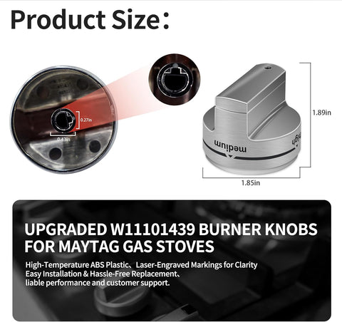 1PCS W11101439 Gas Range Knobs, Upgraded Ultra Heat Resistant ABS Plastic Burner Control Knobs, Compatible with Maytag MGR6600FZ0, MGR6600FB0, MGR6600FW0, MGR7700LZ1 and More