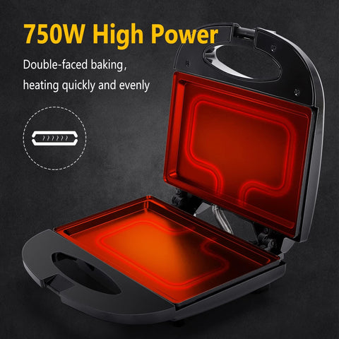 Aigostar Sandwichera con superficie antiadherente de rejilla profunda para huevo, jamón, filetes parrilla eléctrica compacta Tostadora de Pan Negro, certificado ETL, Roy