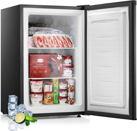 1.1 Cu.ft Small Upright Freezer, Compact Mini Freezer with Removable Shelves, Adjustable Thermostat, Reversible Door Hinge, Quiet for Home/Office/Kitchen/Dorm, Black