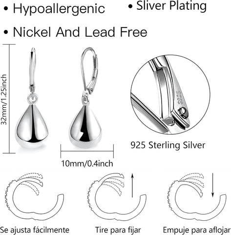 925 Sterling Silver Teardrop Leverback Earrings for Women Girls Waterdrop Tear Drop Dangle Earrings Jewelry Hypoallergenic Silver Teardrop Leverback Dangle Earring for Women