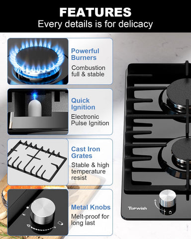 2 Burner Propane Gas Cooktop Black Tempered Glass, 12 Inch Built-in NG/LPG Convertible Gas Stove Top, 18,000BTU Gas Hob with Flame-out Protection for Kitchen, Apartment，RV,110V