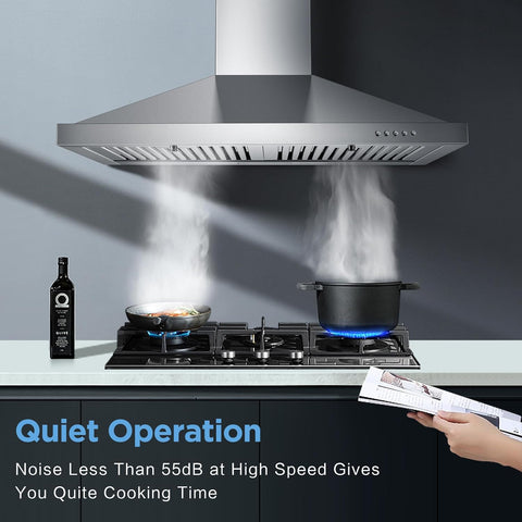 24 Inch Range Hood, Wall Mount Vent Hood in Stainless Steel with Ducted/Ductless Convertible Duct, 3 Speed Exhaust Fan, Energy Saving LED Light, Push Button Control, 2 Pcs Baffle Filters