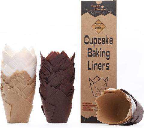 200pcs Natural Tulip Cupcake Liners for Baking Cups Unbleached European Parchment paper Tulip Muffin Liners, Cupcake Wrapper for Party, Christmas