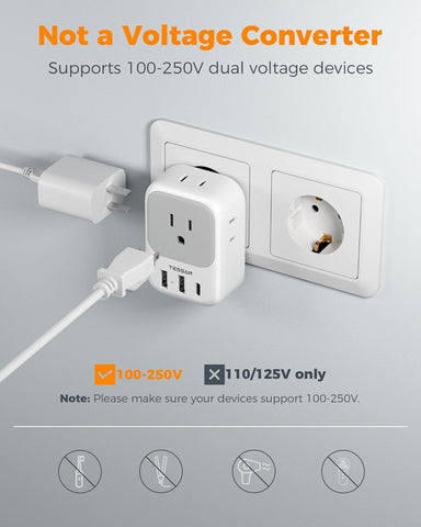 2 Pack European Plug Adapter USB C, TESSAN US to Europe Adapter 4 Outlets 3 USB Charger, Type C International Power Adaptor to Italy Spain France Portugal Iceland Germany, Europe Travel Essentials