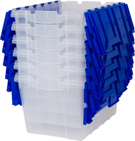Akro-Mils KeepBox 12 Gallon Storage Container, Nesting and Stackable Plastic Storage Box with Lid Attached, Clear Tote for Garages, Closets, and Moving, 21-1/2" x 15" x 12-1/2", Clear/Blue