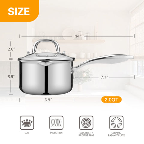 Stainless Steel Saucepan with Glass Lid, 2.0 Quart Multipurpose Sauce Pan, Sauce Pot with for Easy Pour with Ergonomic Handle