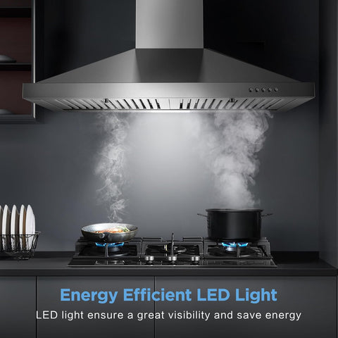 24 Inch Range Hood, Wall Mount Vent Hood in Stainless Steel with Ducted/Ductless Convertible Duct, 3 Speed Exhaust Fan, Energy Saving LED Light, Push Button Control, 2 Pcs Baffle Filters