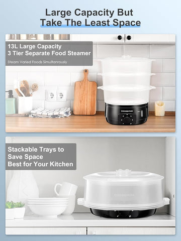 13.7QT Electric Food Steamer for Cooking, Vegetable Steamer with 3 Tiers BPA-Free Baskets, 800W Fast Simultaneous Cooking, 60-Minute Timer, Ideal for Veggies Seafood Rice