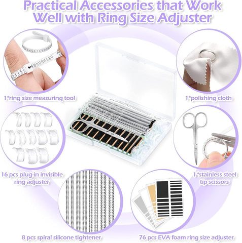 100 Pcs Ring Sizer Adjuster for Loose Rings with Ring Size Measuring Tool, Plug-in Invisible Ring Guards Silicone Tightener EVA Foam Ring Size Adjuster Set with Polishing Cloth