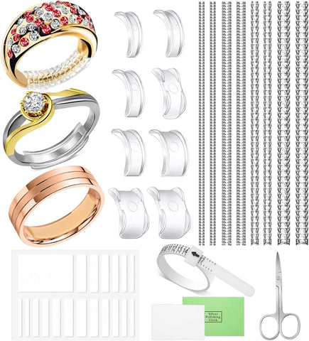 100 Pcs Ring Sizer Adjuster for Loose Rings with Ring Size Measuring Tool, Plug-in Invisible Ring Guards Silicone Tightener EVA Foam Ring Size Adjuster Set with Polishing Cloth