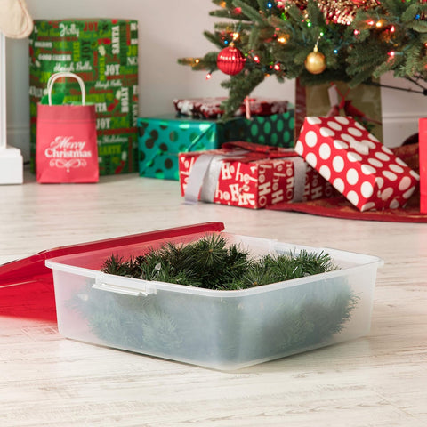 33 Quart Christmas Wreath Storage Container Box with Lid, 3-Pack, Stackable Under Bed Storage Organizer Bin with Latching Buckles for 20" Wreaths Christmas Decorations Garlands, Clear/Red